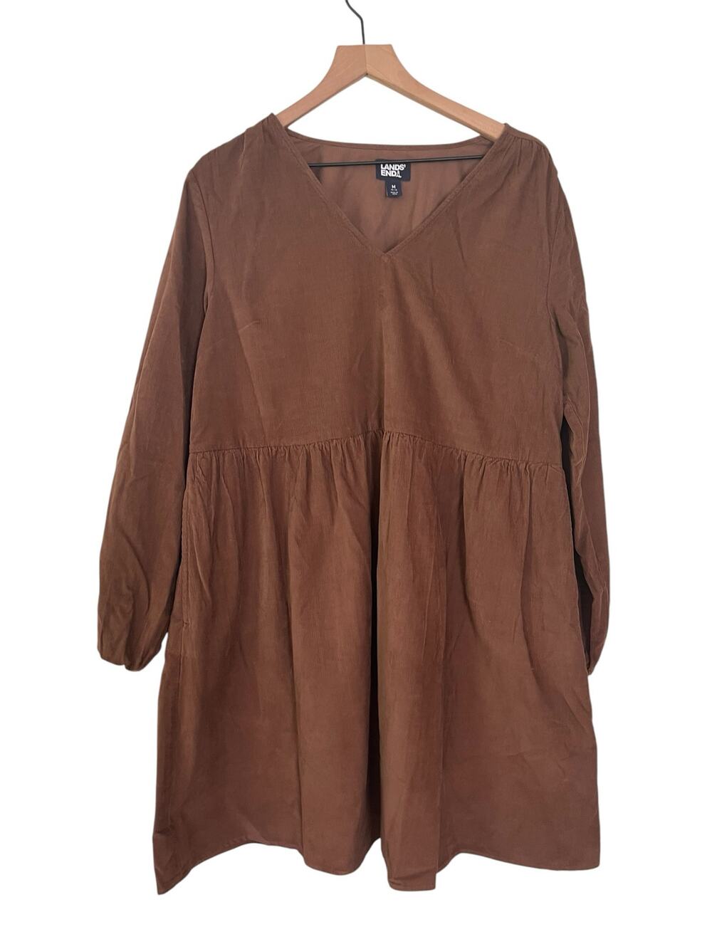 Lands End Womens Brown Pinwale Corduroy V Neck Long Sleeve Dress Size Medium